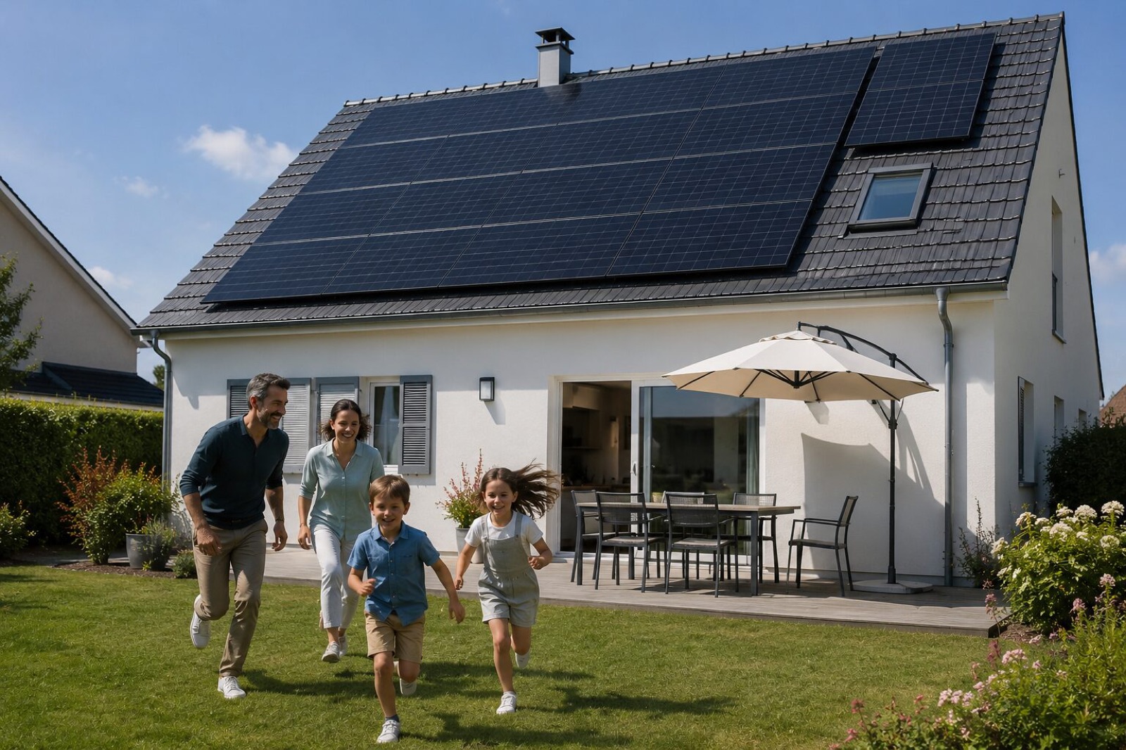 Famille dans le jardin de la maison rénovée