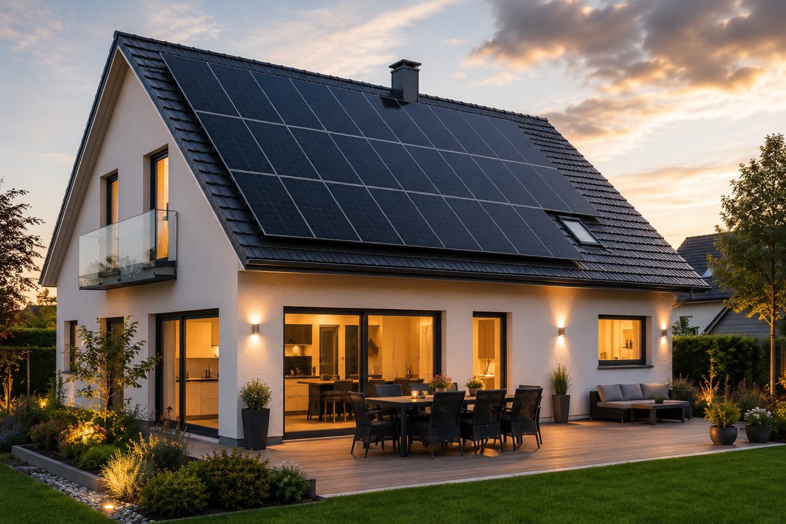 Maison rénovée au coucher du soleil, baie vitrée éclairée