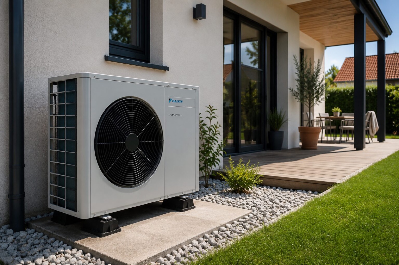 Pompe à chaleur installée à côté de la terrasse