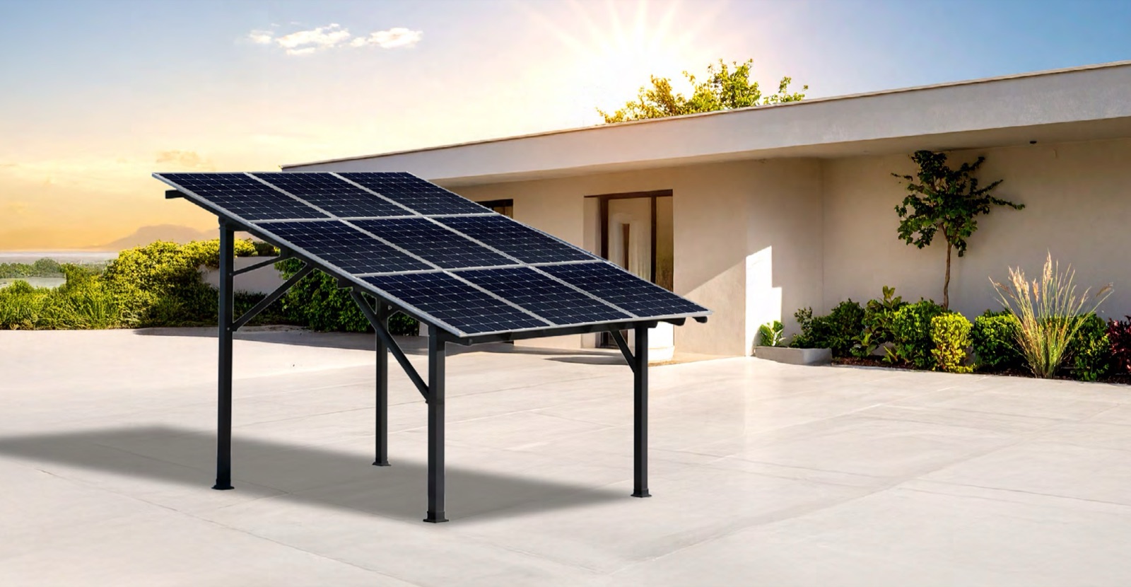 Pergola solaire acier : Jusqu'à 9 panneaux au-dessus de la terrasse